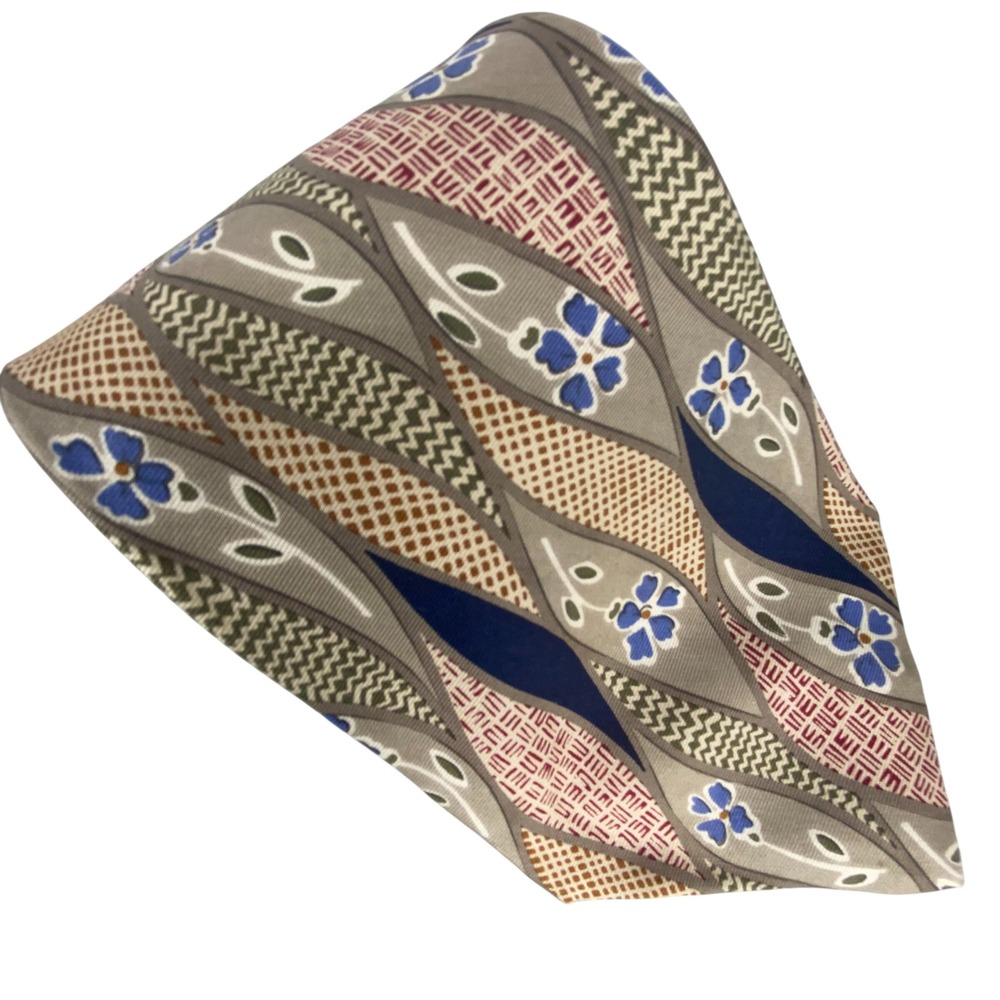 Paul Fredrick Mens Silk Necktie Abstract Floral Geometric Artsy‎ Blue Taupe 56x4